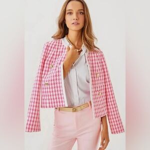💖NWOT LiILLY PULITZER ROHANA BOUCLE PINK/WHITE TWEED BLAZER WITH GOLD ACCENTS